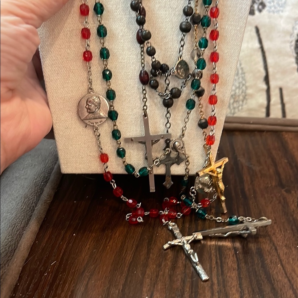 Several  Beaded Cross Rosary Necklaces